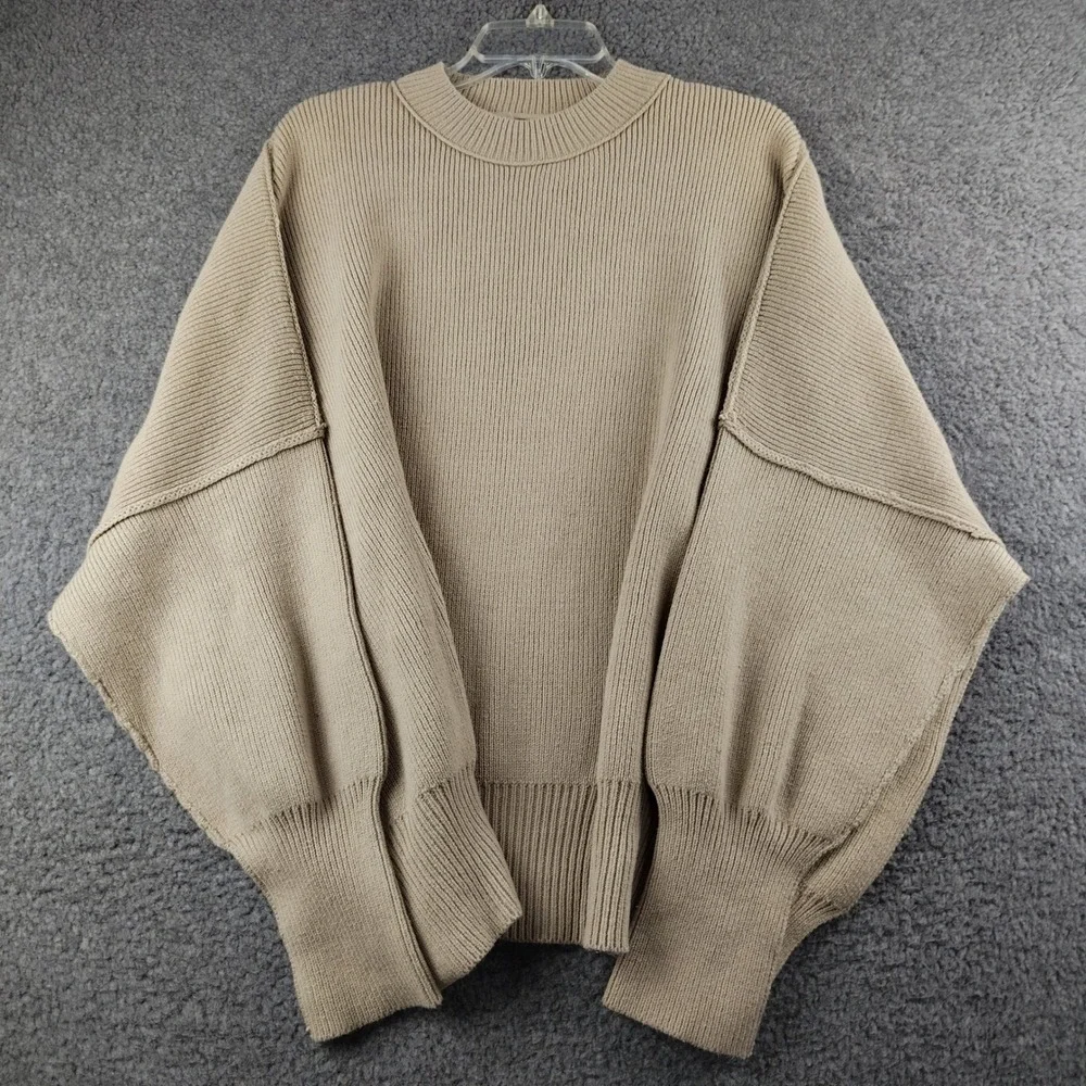 Free People Sweater Womens Medium Ottoman Slouchy Tunic Tan Ribbed Oversized EUC